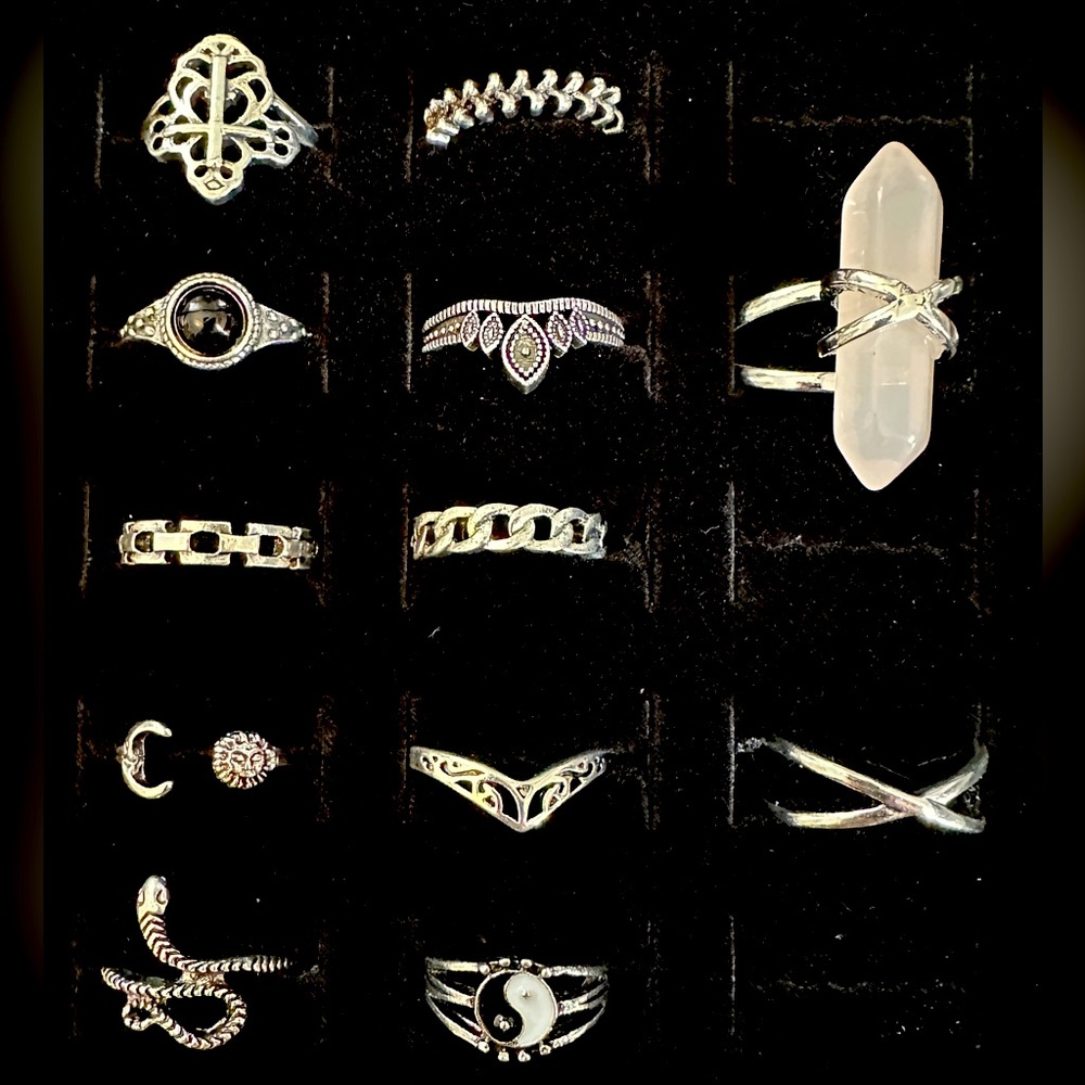 Set of 12 costume jewelry rings for fingers and knuckles. Witchy vibes!